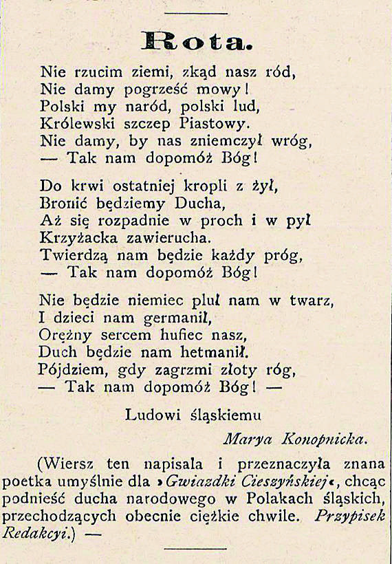 Rękopis „Roty” przekazany ks. Józefowi Londzinowi, redaktorowi naczelnemu „Gwiazdki Cieszyńskiej”.