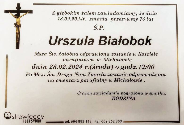 Pogrzeb Urszuli Białobok w środę, 28 lutego w Michałowie