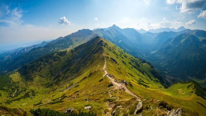 Widok na szlak wzdłuż górskiej grani na pograniczu Polski i Słowacji