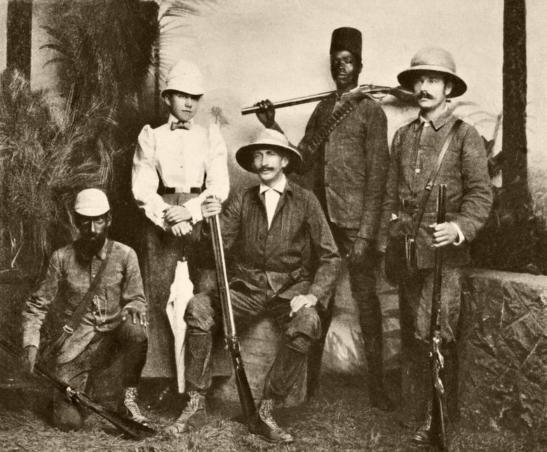 Józefowie Potoccy ze strzelcem Bajdą, Soultem i Ferekiem, na wyspie Ceylon. Repr. Tom II "Ceylon", Warszawa 1896.