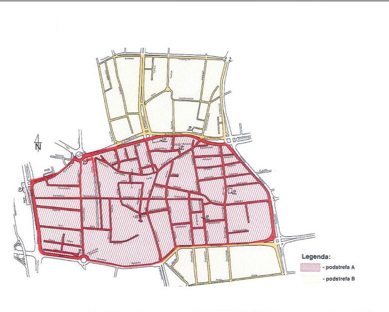 Strefa płatnego postoju ma być powiększona o ulice zaznaczone żółtym kolorem, czerwony obszar to obecny zasięg  strefy.