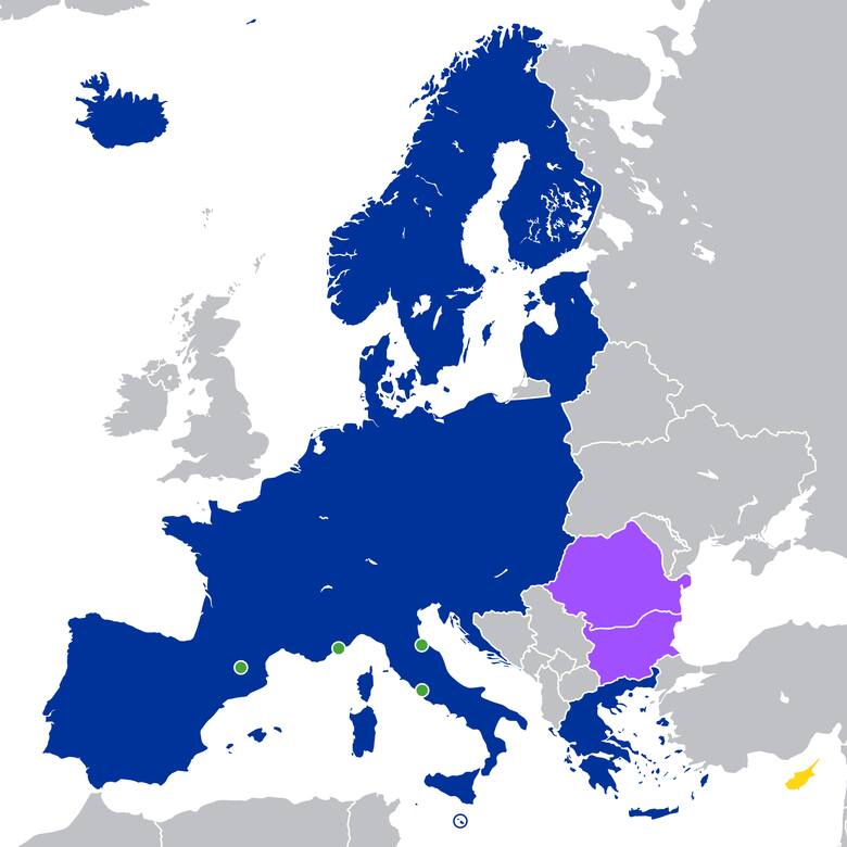 Mapa krajów członkowski Strefy Schengen