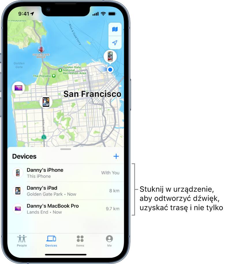 Możemy otrzymać przybliżoną lokalizacje urządzenia Apple na mapie.