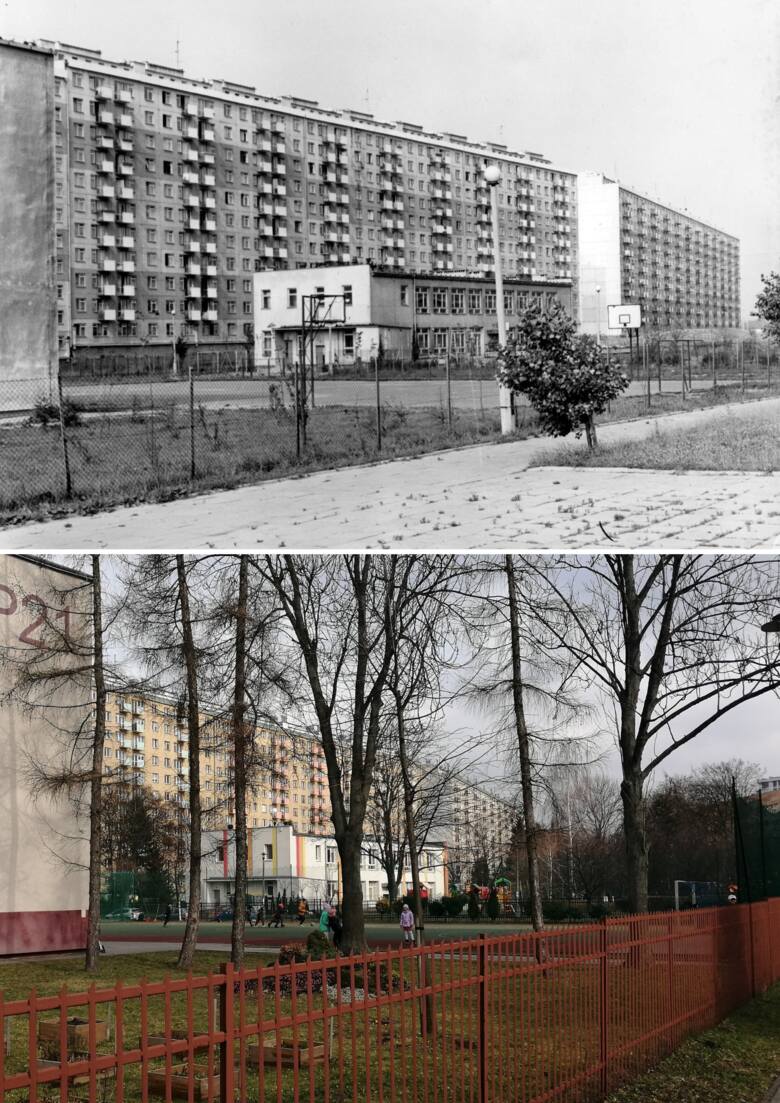 Na górze widok na boisko szkolne SP 21 (oraz charakterystyczne bloki przy Opolskiej i budynek przedszkola) w latach 70. Na dole zdjęcie zrobione w marcu