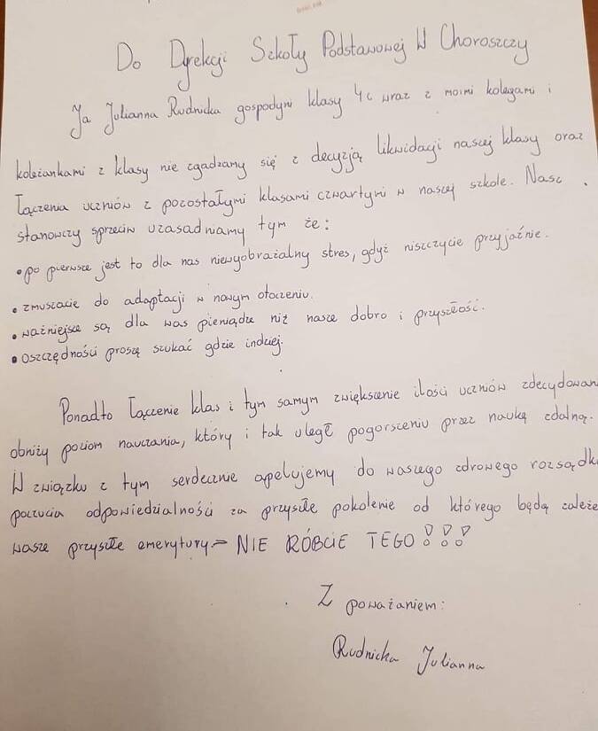 List Julianny Rudnickiej gospodyni klasy 4c