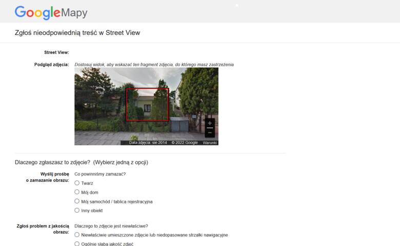 Screen z Google Stret View z instrukcją zamazania domu