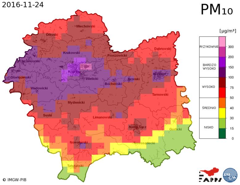 Prognoza stężeń pyłów PM 10 w Małopolsce na dzień 24 listopada 2016.