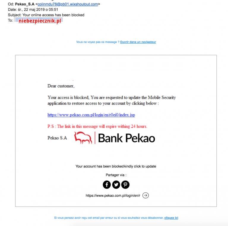 Phishing. Oszuści podszywają się pod Bank Pekao. Nie otwieraj takich e-maili!