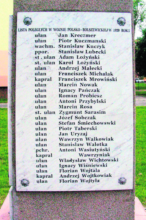 Nazwiska ułanów, którzy polegli w wojnie polsko-bolszewickiej (pomnik na Błoniu).