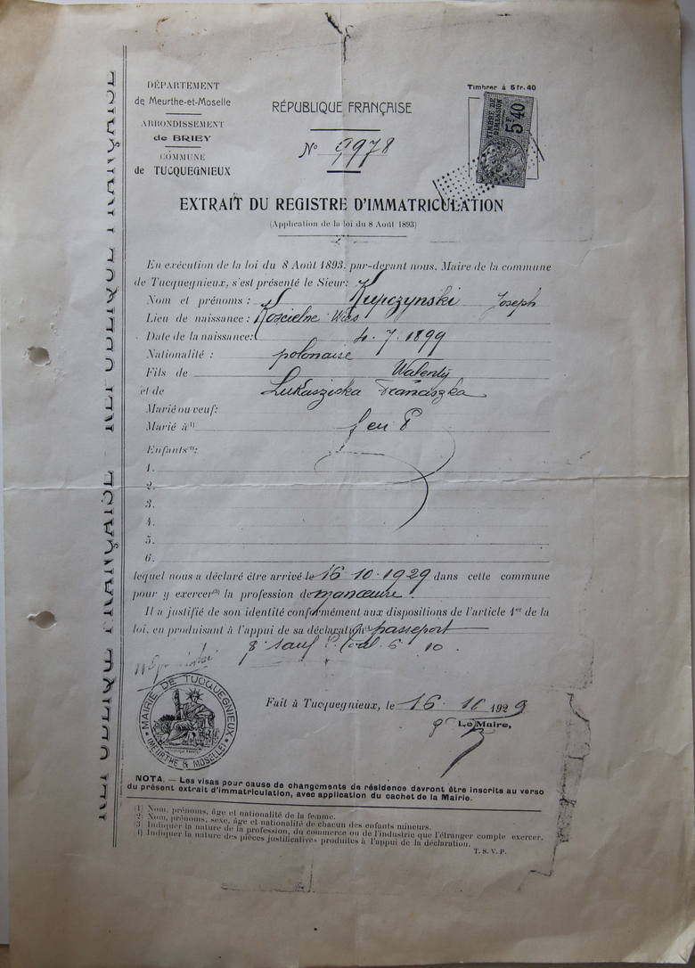 Taki dokument otrzymał Józef Kupczyński po przyjeździe do Francji w 1929 r.