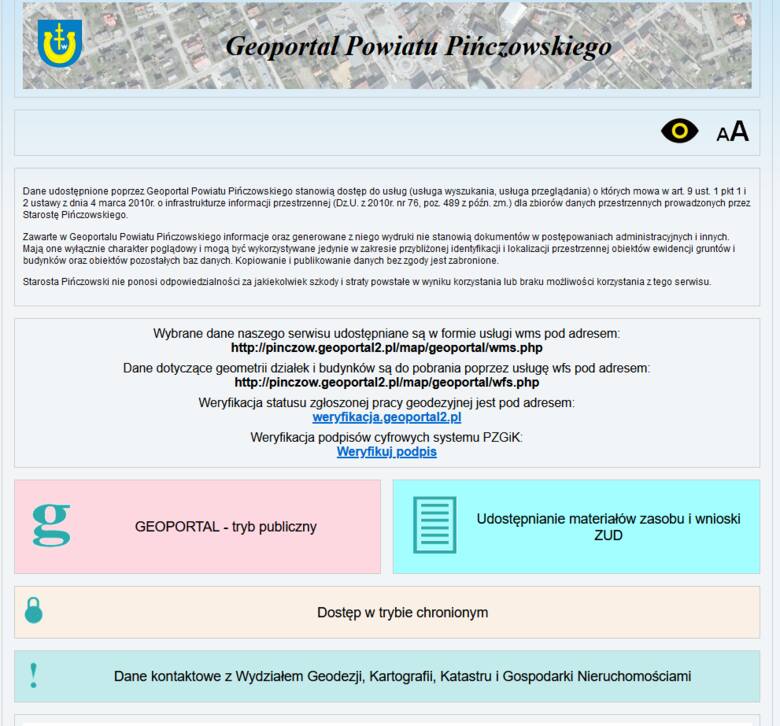 Tak wygląda strona startowa Geoportalu Powiatu Pińczowskiego. Jest czytelna, przejrzysta i intuicyjna. Każdy użytkownik Internetu łatwo znajdzie potrzebne
