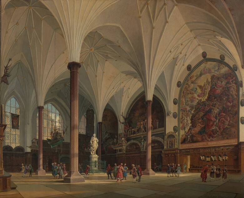 Dwór Artusa w Gdańsku pędzla Johanna Carla Schultza, obraz namalowany w roku 1832. Jak czytamy w katalogu wystawy, artysta wiernie odmalował wewnętrzną