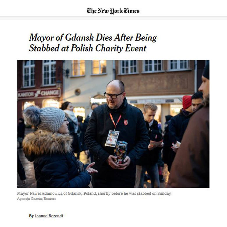 The New York Times w komunikacie dotyczącym śmierci Pawła Adamowicza podkreśla, że prezydent miasta był krytykiem populistycznego rządu PiS. „Był znany jako zwolennik praw gejów, prowadził kampanię na rzecz praw imigrantów w kraju.” NYT wskazuje jednocześnie na głębokie podziały, jakie...