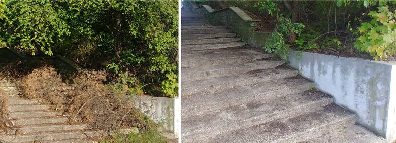 Schody prowadzące do dawnego „Miramaru” w Sopocie przed i po uprzątnięciu