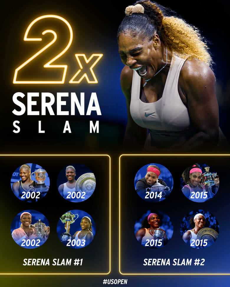 Serena Williams dwukrotnie zdobyła Wielkiego Szlema, czyli zgarnęła w jednym sezonie cztery lewy - Australian Open, Roland Garros, Wimbledon i US Op
