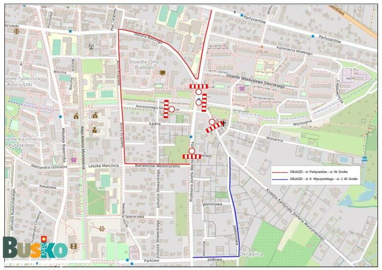 Mapa objazdów w związku z utrudnieniami podczas remontu ulic Grotta z ulicami Miodowicza i Wyszyńskiego.