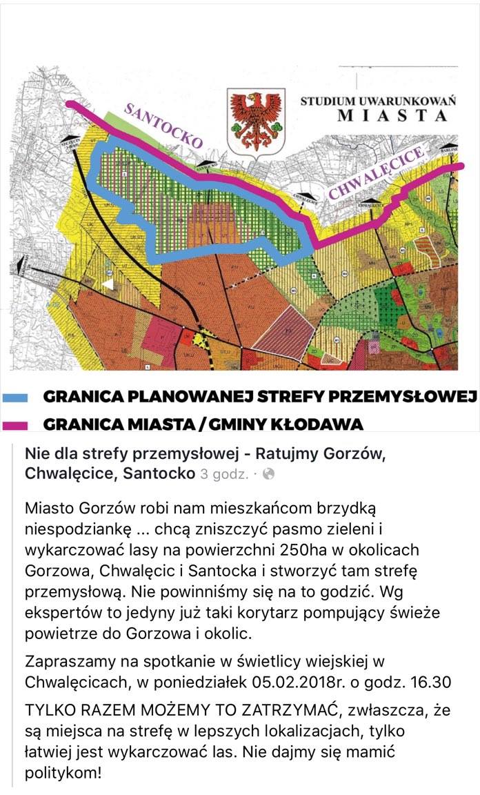 Komunikat przeciwników lokalizacji strefy przemysłowej koło domów w gminie Kłodawa