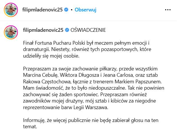 Filip Mladenović wydał oświadczenie po spoliczkowaniu trzech piłkarzy Rakowa Częstochowa. 