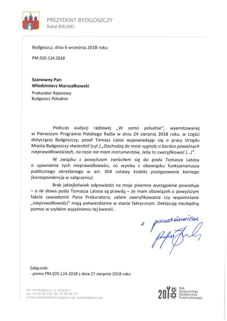 Prezydent Rafał Bruski prosi prokuraturę o interwencję po słowach posła Tomasza Latosa o nieprawidłowościach w bydgoskim ratuszu
