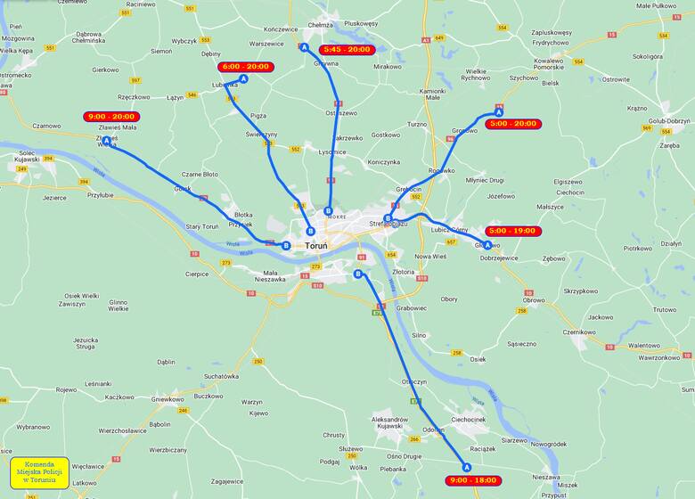Mapa i godziny protestów w obrębie Torunia