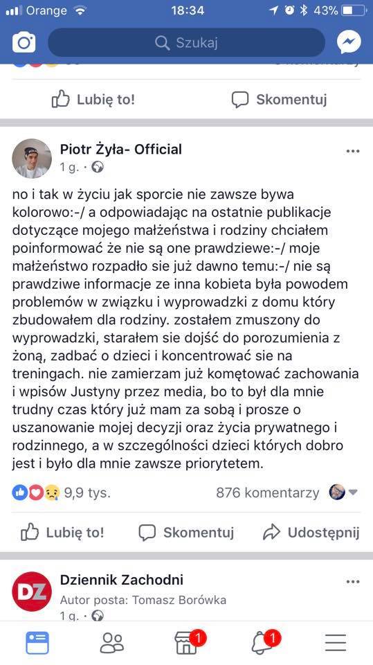Piotr Żyła zostawił żonę Justynę i dzieci. Komentarz Piotra Żyły na Facebooku: "Moje małżeństwo rozpadło się dawno temu"