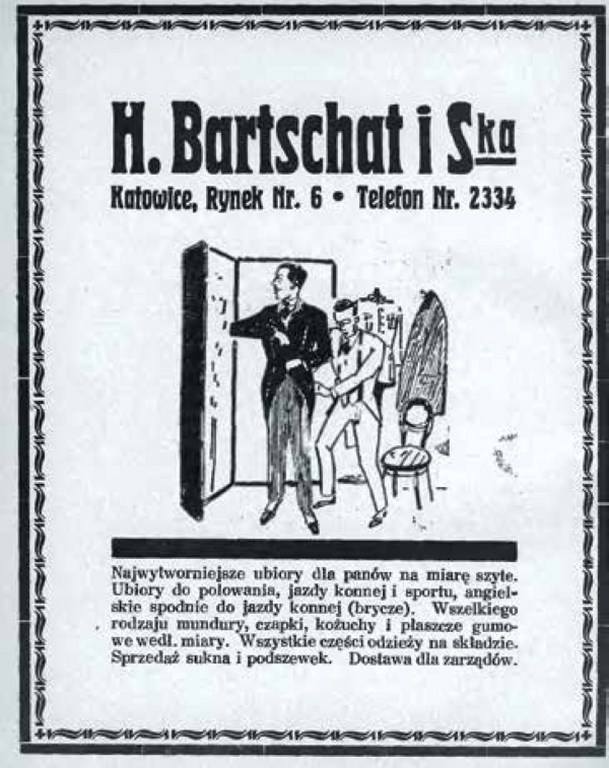 Międzywojenna reklama zakładu krawieckiego Hermana Bartschata. Zakład mieścił się przy Rynku.<br /> 