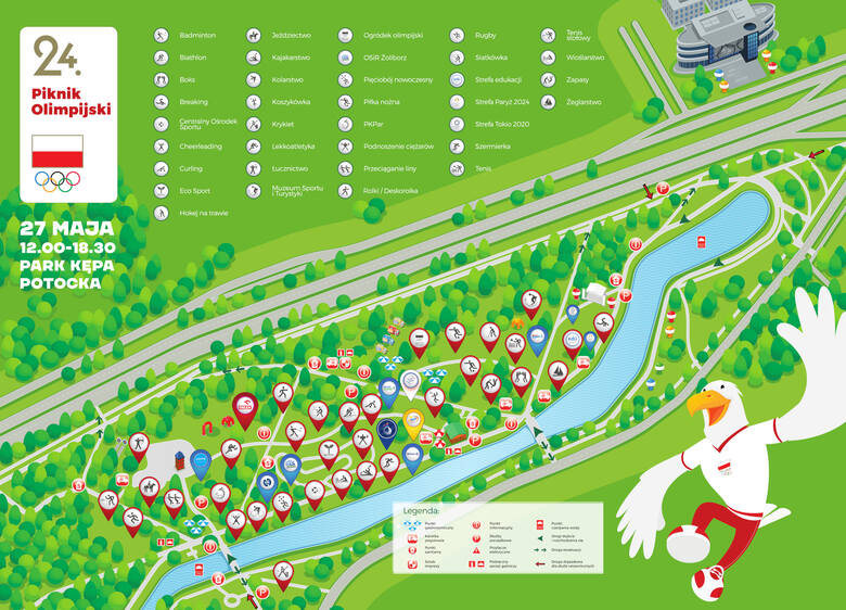Mapka stref sportowych i stanowisk dyscyplin na 24. pikniku olimpijskim na warszawskiej Kępie Potockiej