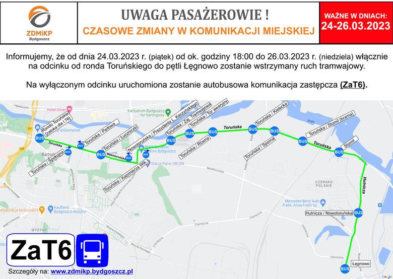 Schemat pokazuje trasę kursowania linii autobusowej ZaT6.