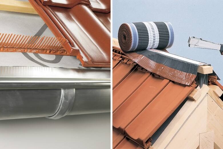 Grzebienie okapu z kratką oraz taśmy kalenicowe to akcesoria, które ułatwiają zapewnienie prawidłowej wentylacji połaci dachu.