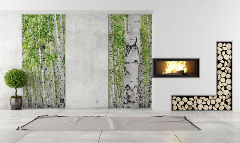 Wzorem fototapety do pokoju dziennego może być brzozowy las, który wpasuje się do stylistyki skandynawskiej, w której zarówno podłoga, jak i ściany są
