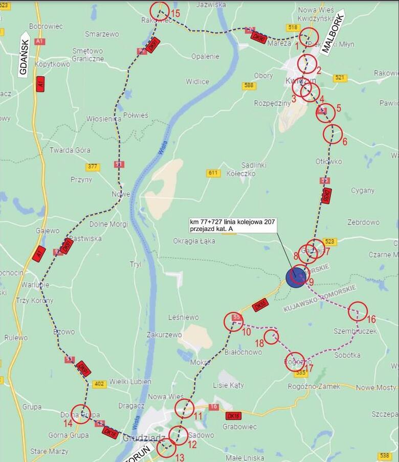 Mapa objazdów na czas remontu przejazdu kolejowego w Kalmuzach