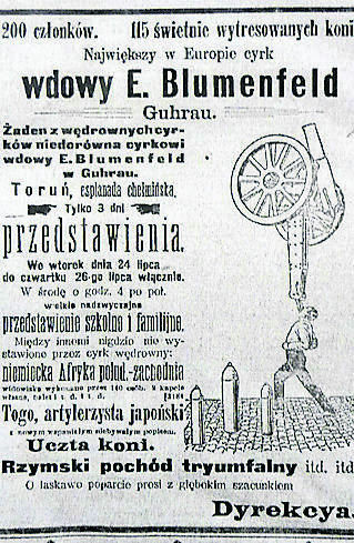 Anons cyrku wdowy E. Blumenfeld „Gazeta Toruńska”, 19 lipca 1906 r.