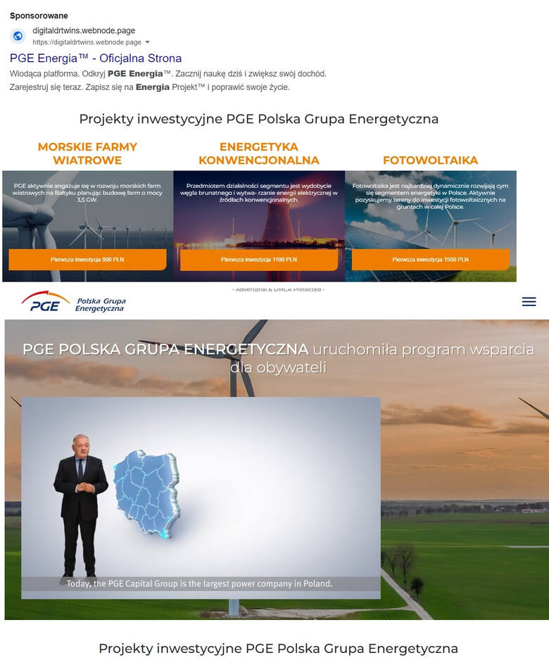 Zrzut ekranu fałszywej strony [/quot/]PGE Energia[/quot/], która podszywa się pod PGE Polską Grupę Energetyczną.