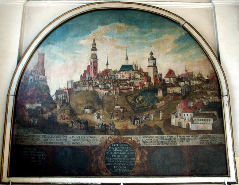 Obraz „Pożar miasta Lublina” z bazyliki oo. Dominikanów upamiętnia wydarzenie z 1719 r., ale został namalowany ok. 1740 r.<br /> 