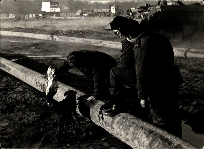 Strażacy wycierają psa zalanego ropą. Zdjęcia pochodzą z kroniki Zarządu Miejsko-Gminnego Ochotniczych Straży Pożarnych w Szczecinku z lat 1969-1982