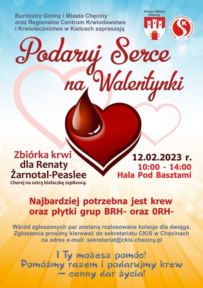 Podaruj Serce na Walentynki, czyli akcja krwiodawstwa w Chęcinach dla chorej na ostrą białaczkę szpikową Renaty Żarnotal-Peaslee. Pomóżmy!