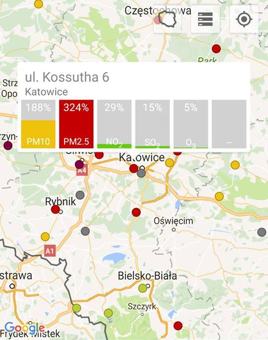 Katowice 188 proc. pył zawieszony PM10 oraz 324 proc. pył zawieszony PM 2.5 <br /> <br /> Smog w Żywcu, Tychach i Gliwicach. To właśnie w tych miastach w czwartek rano mamy najwięcej zanieczyszczeń w powietrzu. Przekroczenia norm występują w większości województwa śląskiego. Jak podają...