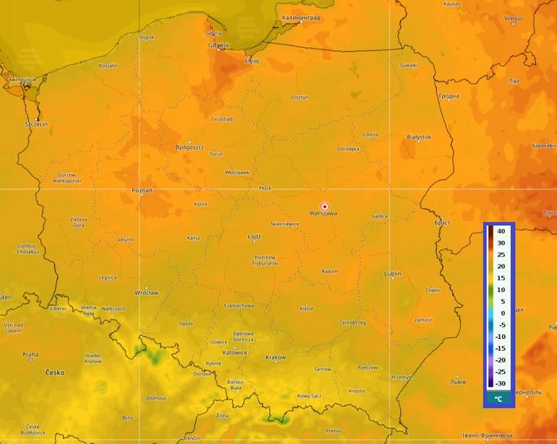 Mapa przewidywalnych temperatur na sobotę, godz. 14:00