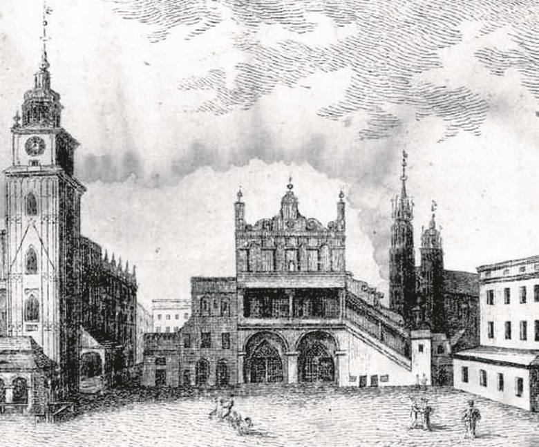 Łukasz Kozakiewicz, Widok Rynku Głównego z 1827 r. Po lewej ratusz (zburzony w 1820 r.), po prawej budynek Wielkiej Wagi (zburzonej w 1875 r.)