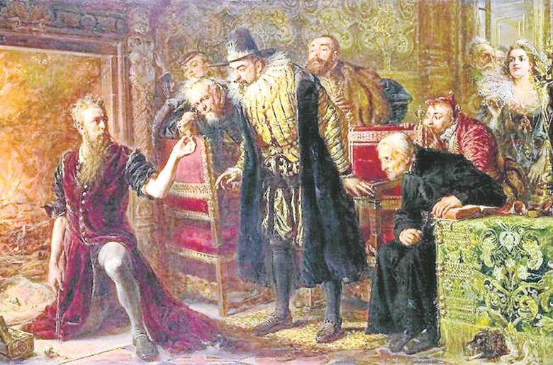 Jan Matejko, Zygmunt III u alchemika Sędziwoja. Podczas jednego z eksperymentów alchemicznych w 1595 r. na Wawelu wybuchł pożar