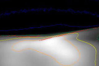 Rys.6. Widok plamy światła reflektora na prostopadłym ekranie z uwidocznionymi izoluksami, oraz matematycznie wyliczoną GSC