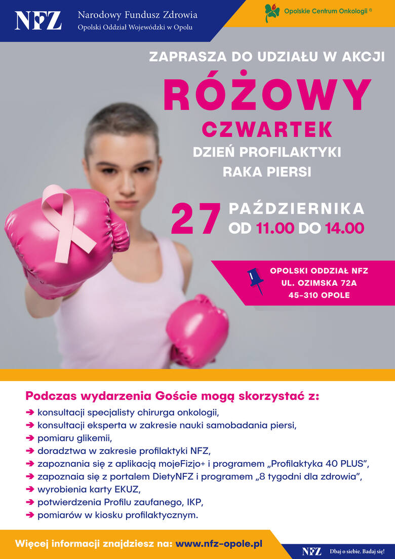 W czwartek (27 października) w godz. 11:00-14:00 NFZ w Opolu zaprasza na akcję pod hasłem „Różowy czwartek – Dzień Profilaktyki Raka Piersi”.
