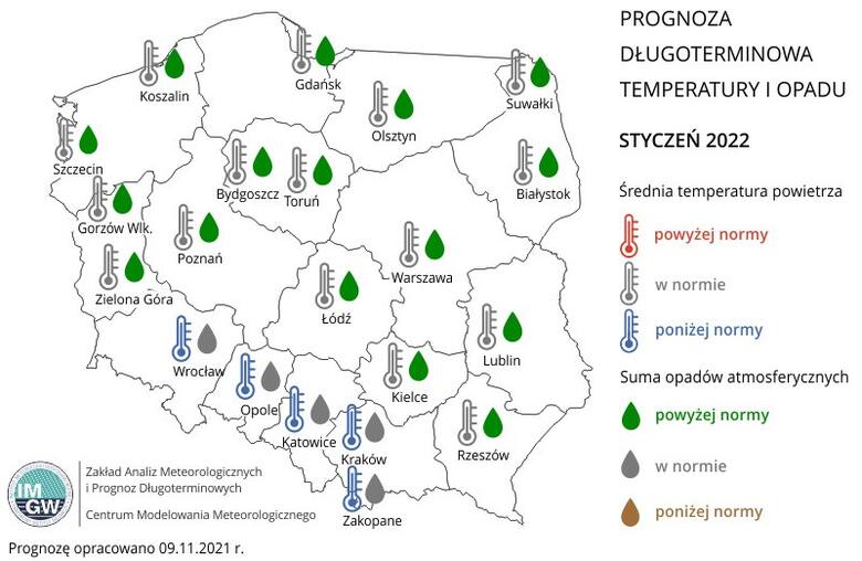 Prognoza średniej miesięcznej temperatury powietrza i miesięcznej sumy opadów atmosferycznych na styczeń 2022 r. dla wybranych miast w Polsce.