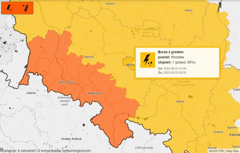 Dla wszystkich powiatów Dolnego Śląska wydano ostrzeżenia przed burzami z możliwym gradem. Część województwa jest zagrożona zjawiskami pogodowymi o większym