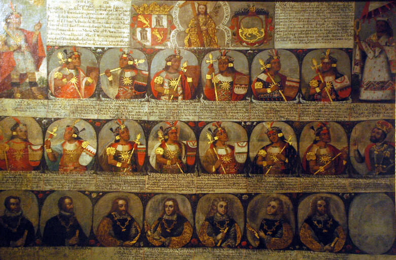 Portrety władców Inków i królów Hiszpanii jako sukcesorów inkaskiego państwa to malowidło które można zobaczyć.