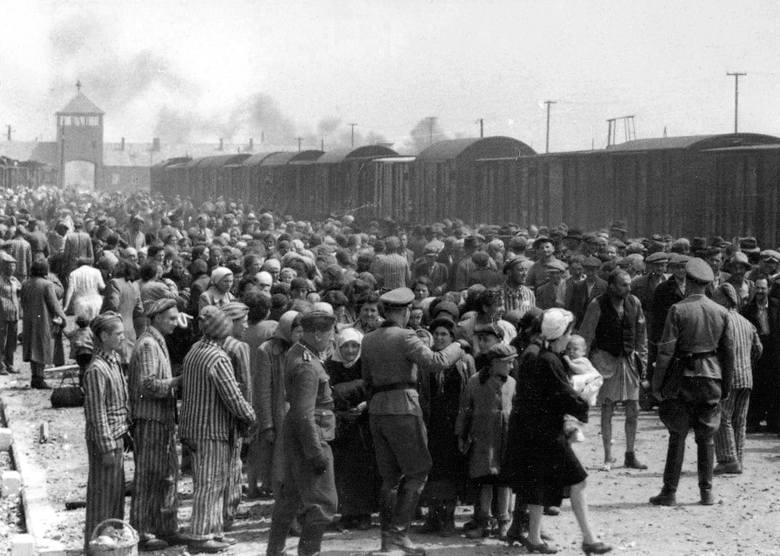 Węgierscy Żydzi przed wysłaniem do komór gazowych w obozie śmierci Auschwitz-Birkenau (lipiec/maj 1944)