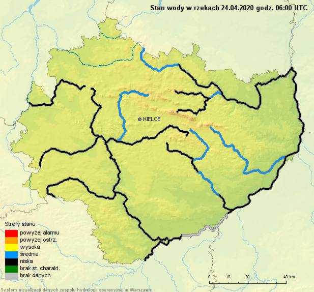 Stan sieci rzek w województwie świętokrzyskim na 24 kwietnia 2020 roku.