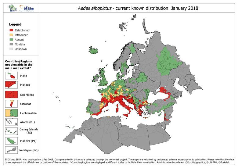 Mapa występowania azjatyckiego komara tygrysiego w Europie w styczniu 2018 roku
