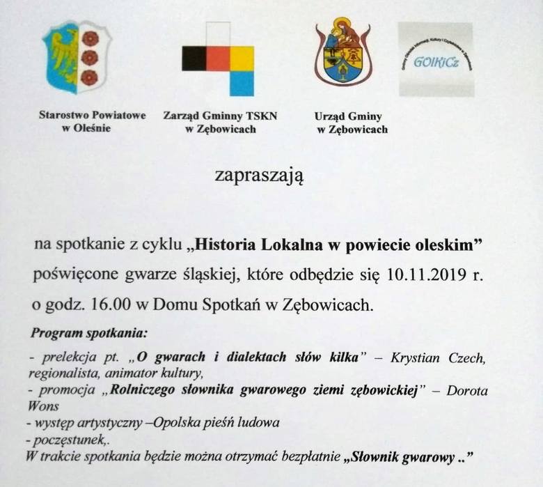 Program spotkania autorskiego w Zębowicach w ramach cyklu „Historia Lokalna w powiecie oleskim”.