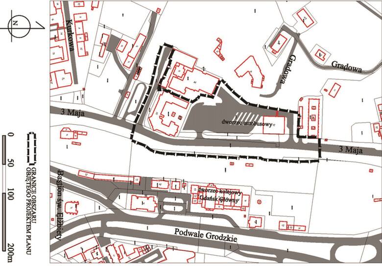 Granice obszaru objętego projektem planu - Śródmieście - rejon dworca autobusowego w mieście Gdańsku